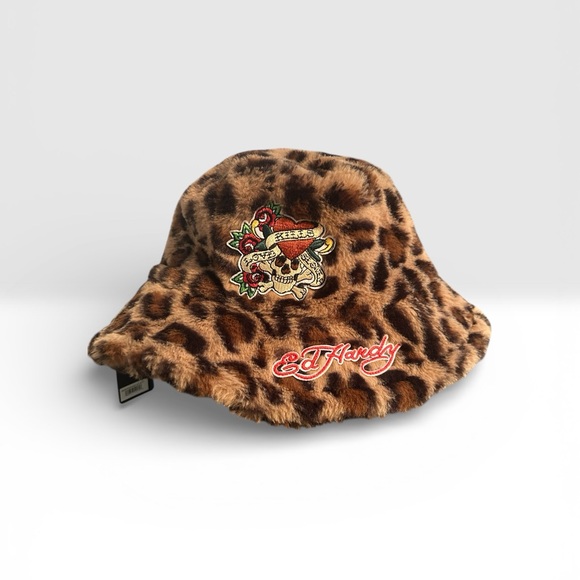 Ed Hardy Accessories - NWT Ed Hardy leopard print faux fur bucket hat o/s